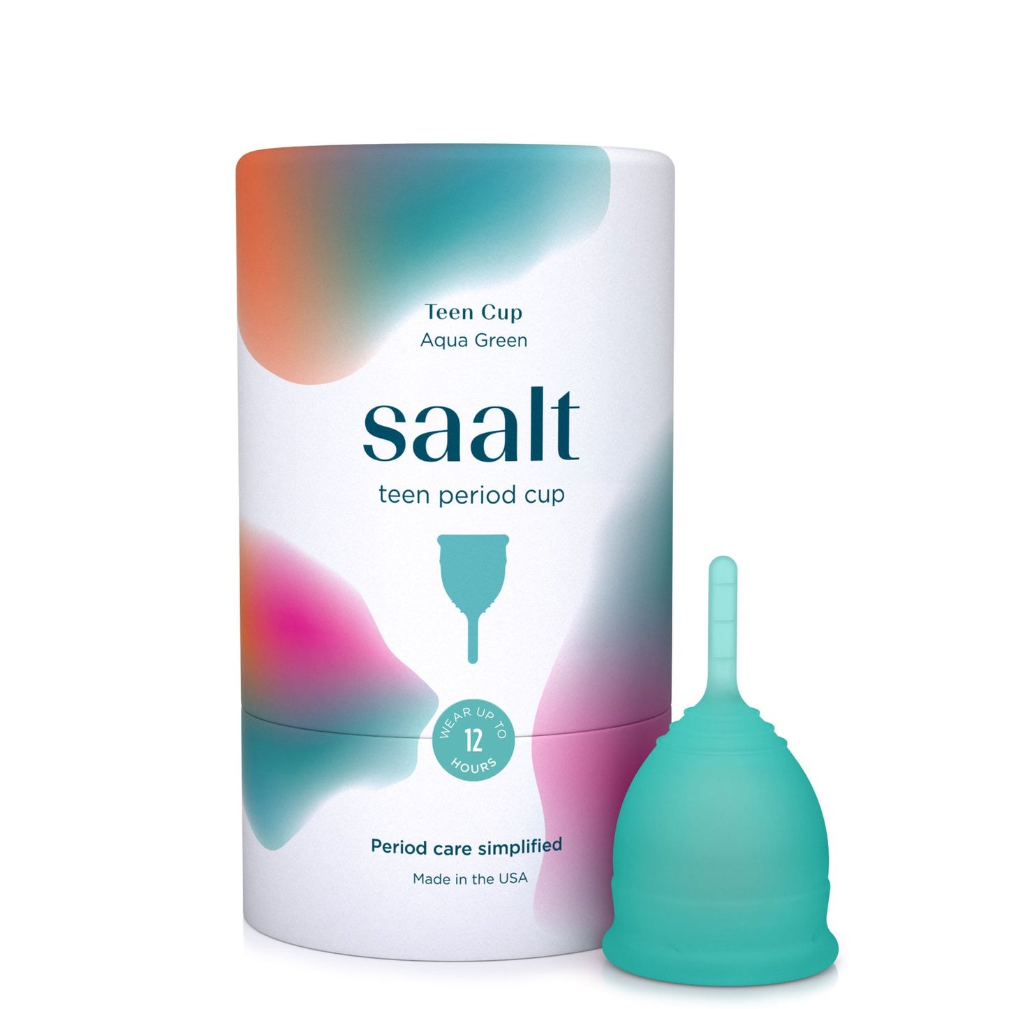 Saalt teen period cup with white background