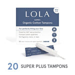 Lola 20ct Super Plus Tampons shown with one wrapped and one unwrapped tampon in front. Features: 20 super plus hypoallergenic tampons, 360° leak protection, and free from fragrance, toxins, or dyes.