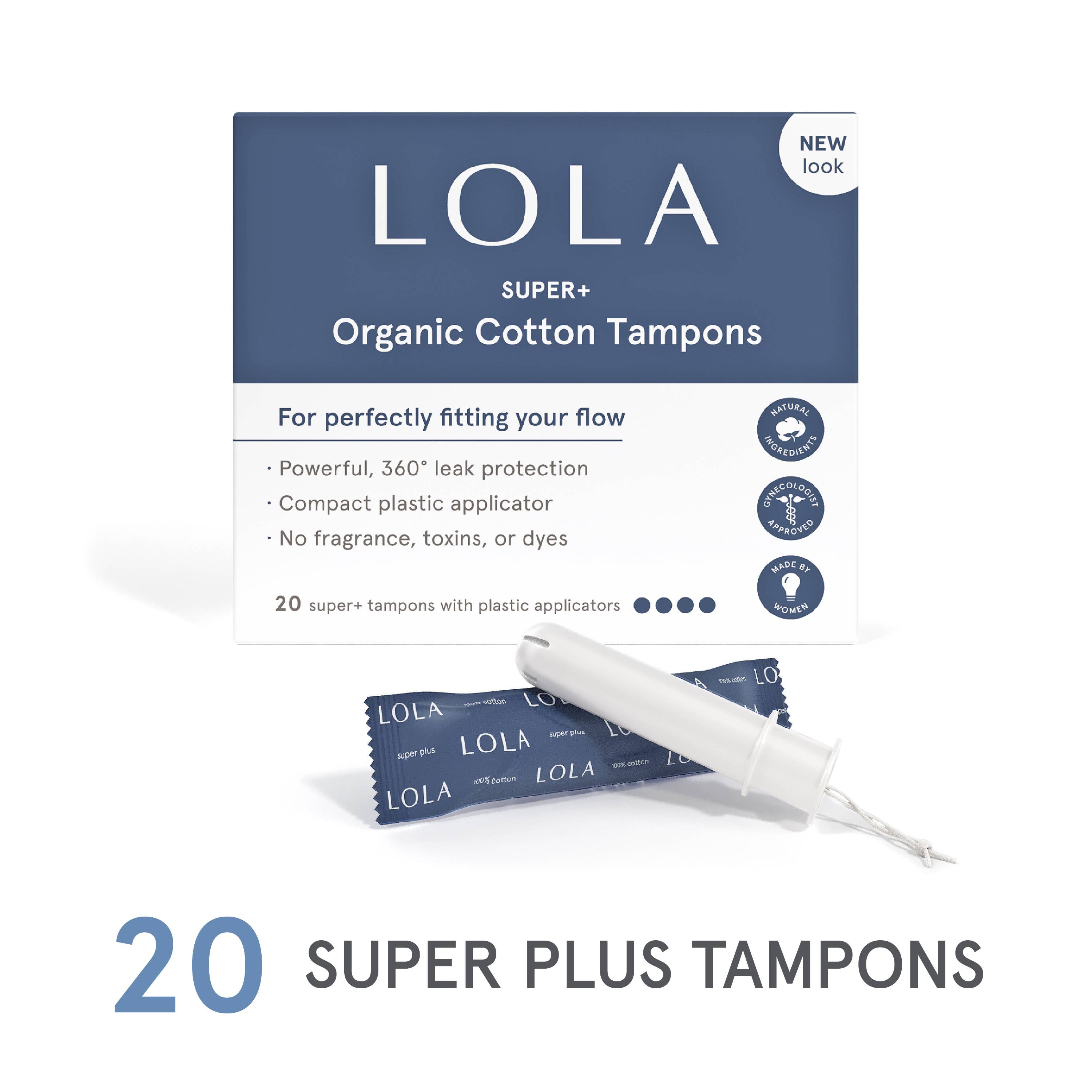Lola 20ct Super Plus Tampons shown with one wrapped and one unwrapped tampon in front. Features: 20 super plus hypoallergenic tampons, 360° leak protection, and free from fragrance, toxins, or dyes.