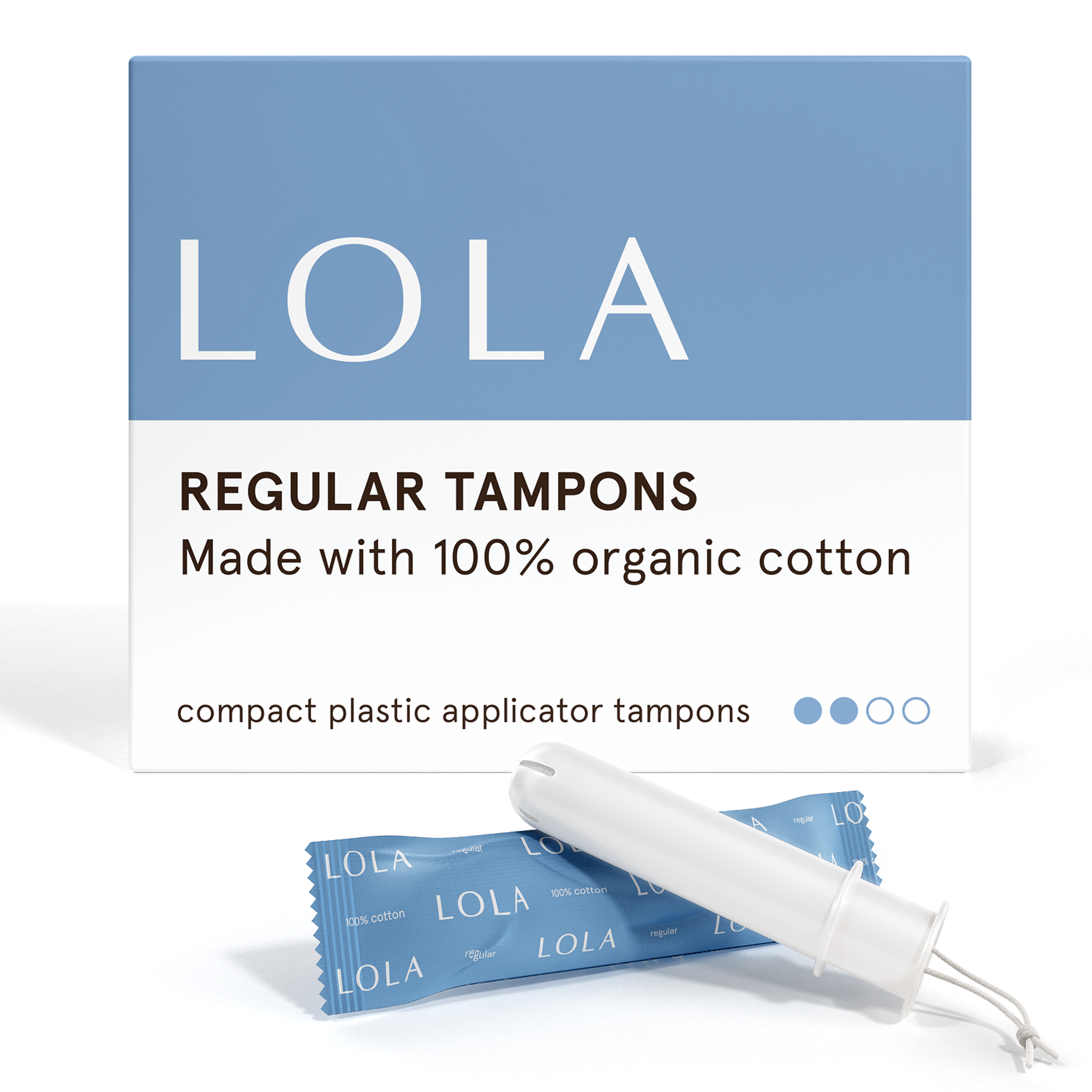 A box of Lola 20ct Regular Tampons stands behind a blue-wrapped tampon and a white BPA-free applicator, featuring clean blue and white packaging with a simple design.