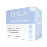 A light blue box of Lola 20ct Light Tampons with 360° leak protection, a BPA-free compact applicator, and no fragrance, toxins, or dyes. Each box contains 20 organic cotton tampons for comfortable, worry-free protection.