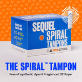 A blue box labeled Sequel™ The Spiral™ Tampons with a spiral design contains 32 super tampons. Features include helical grooves for distraction-free periods, a BPA-free compact applicator, and no synthetic dyes or fragrance.
