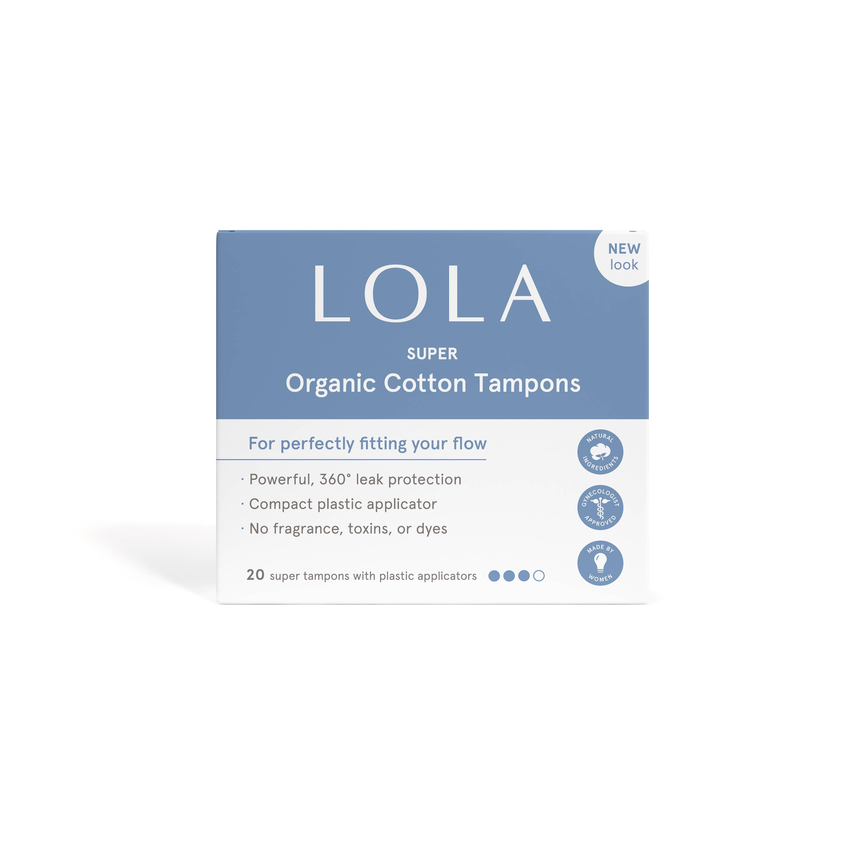 Lola 20ct Super Tampons offer leak protection with BPA-free applicators and contain no fragrance, toxins, or dyes. These hypoallergenic tampons come in a blue and white box with 20 super absorbency tampons.