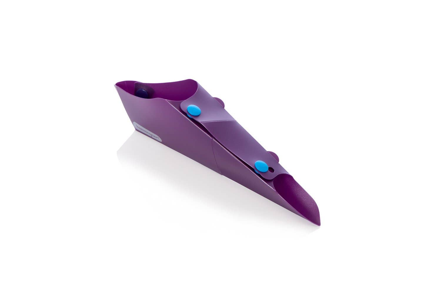 The GoPee - Stand to Pee Device is a purple, foldable silicone funnel with blue snap buttons, forming a triangular or cone shape and displayed on a white background.