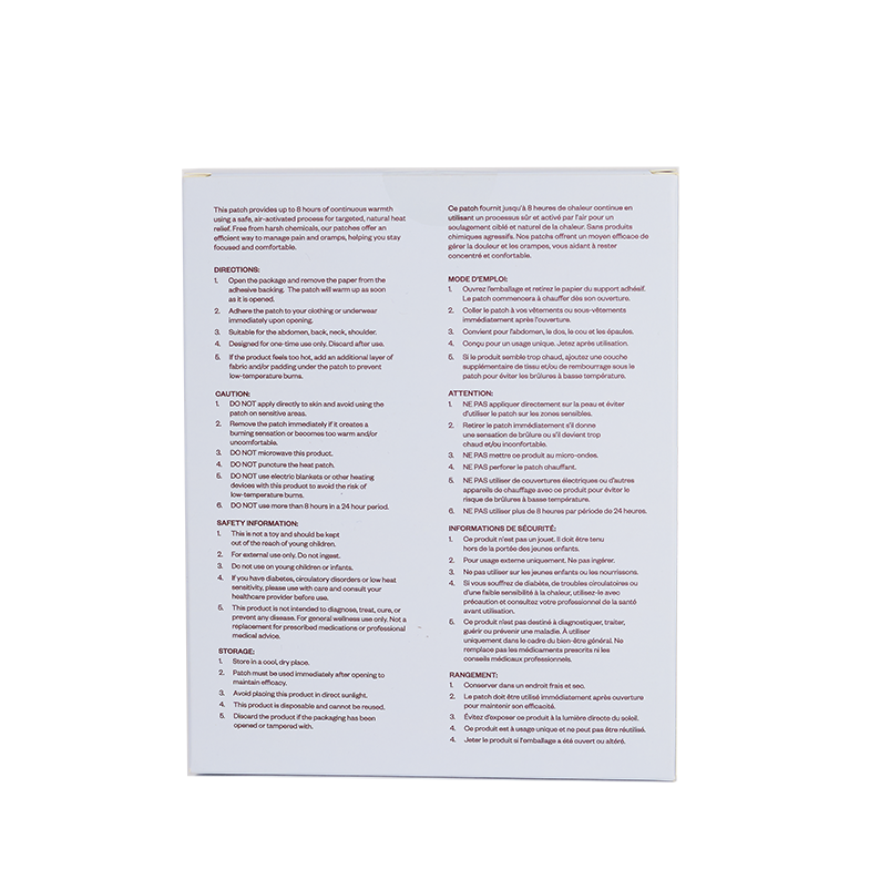 The back of The Cramp Care Patch box features small black text on white detailing instructions, safety info, and cautions. This wearable patch relieves cramps, but key details can be hard to read because of the tiny font size.