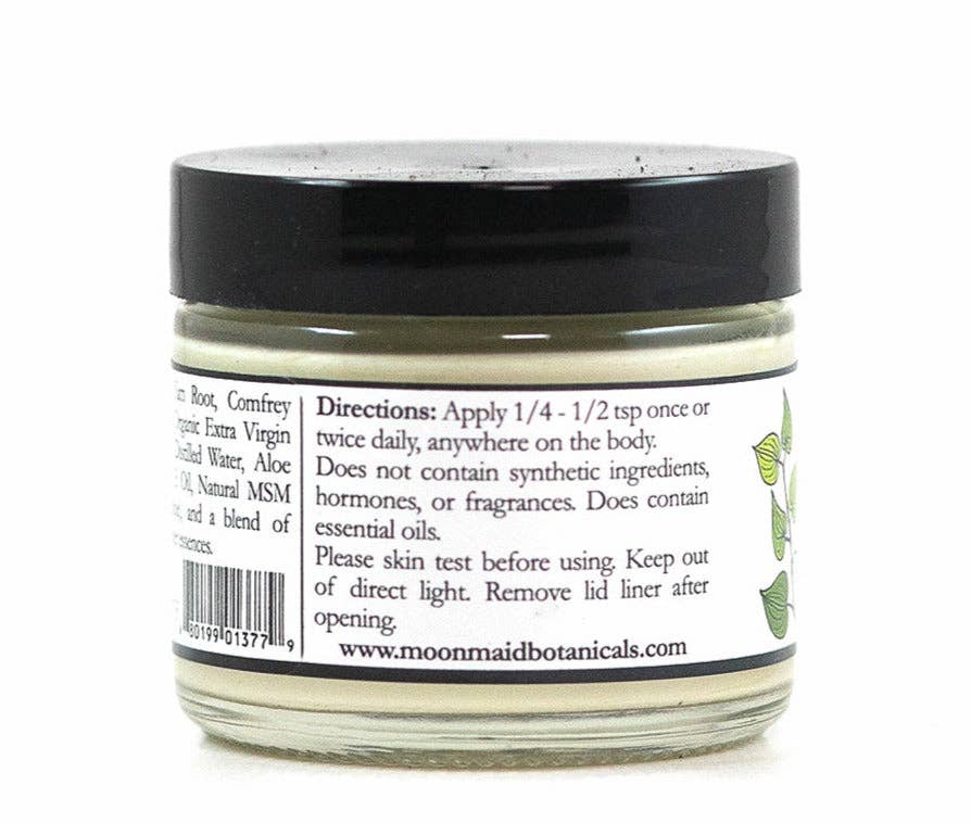 A small jar with a black lid labeled ProMeno Women's Wild Yam Cream, instructing to apply 1/4–1/2 tsp once or twice daily; free from synthetic ingredients, hormones, and fragrances.