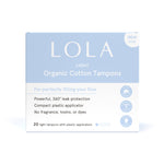 Lola 20ct Light Tampons come in a blue and white box, offering leak protection with BPA-free compact applicators. Contains 20 fragrance-free light tampons made without toxins or dyes.