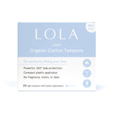 Lola 20ct Light Tampons come in a blue and white box, offering leak protection with BPA-free compact applicators. Contains 20 fragrance-free light tampons made without toxins or dyes.