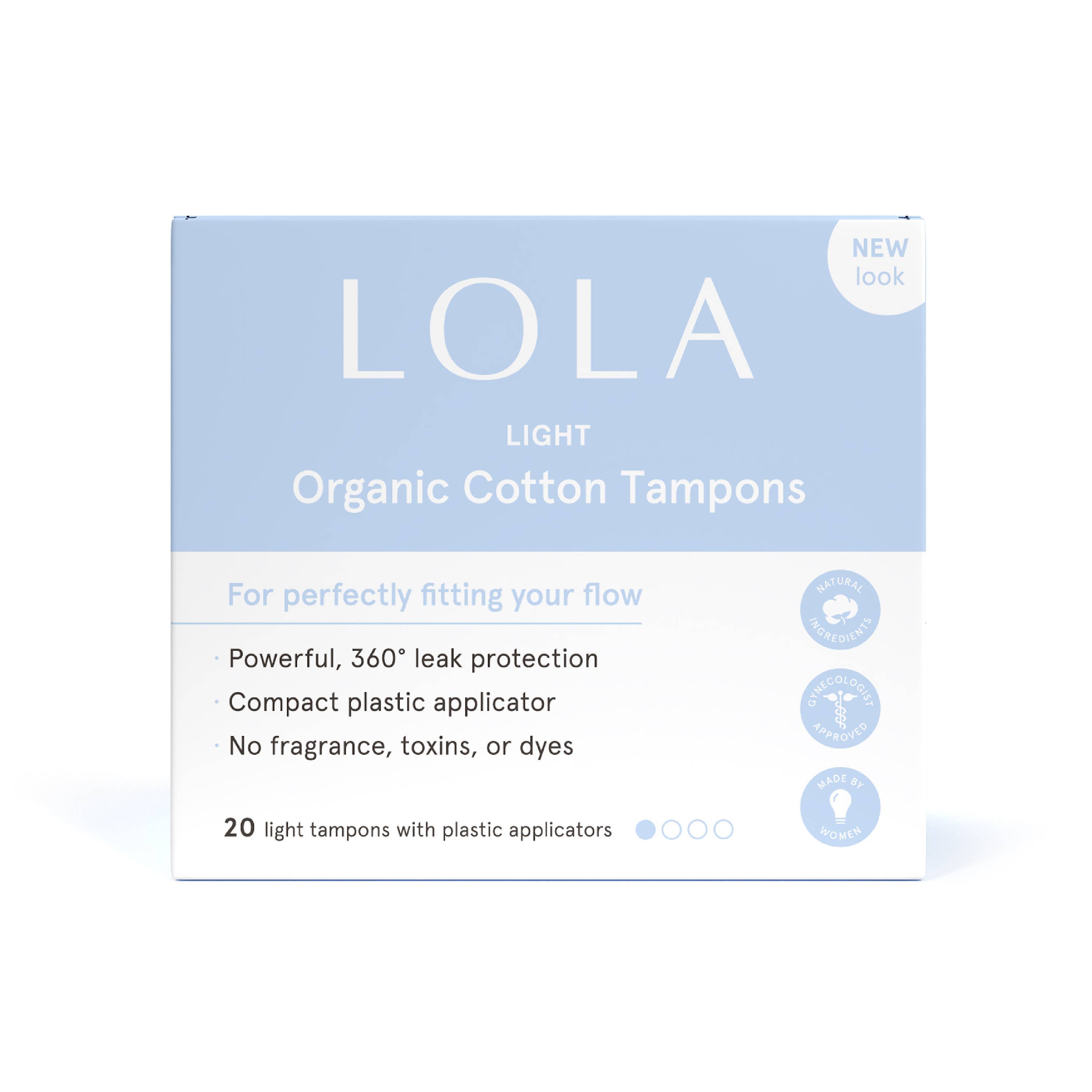 Lola 20ct Light Tampons come in a blue and white box, offering leak protection with BPA-free compact applicators. Contains 20 fragrance-free light tampons made without toxins or dyes.