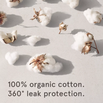 Scattered cotton bolls on a light surface, with the text 100% organic cotton. Below the cotton: Experience 360° leak protection with Lola 20ct Ultra Thin Pads w/ Wings, Regular, made from organic cotton.