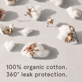 Lola 20ct Light Tampons: 100% organic cotton, offering 360° leak protection and a BPA-free applicator for comfort and safety. Scattered organic cotton bolls and fluffy pieces are displayed on a light surface.