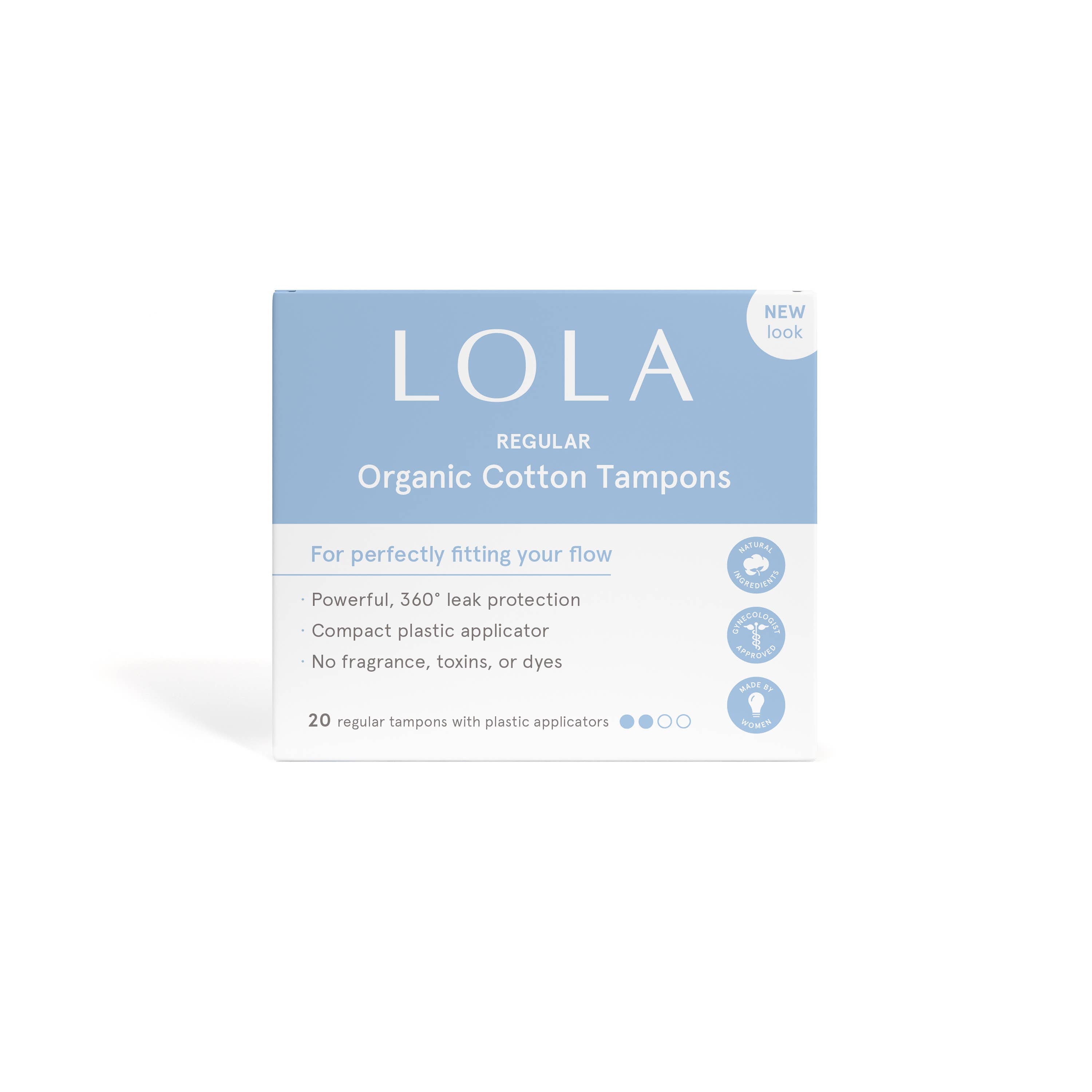 Lola 20ct Regular Tampons come in blue and white packaging and feature leak protection, a BPA-free applicator, and hypoallergenic organic cotton with no fragrance, toxins, or dyes.