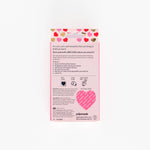 Back of a Big Hug Period Support Vitamin Patches package with a pink heart pattern at the top. Text highlights PMS relief, key features, directions, ingredients, and shows the patch’s actual size in a heart shape.