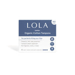 Lola 20ct Super Plus Tampons come in white and blue packaging with a BPA-free compact applicator. These hypoallergenic, organic cotton tampons offer leak protection and contain no fragrance, toxins, or dyes.