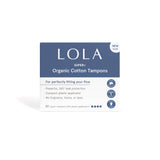 Lola 20ct Super Plus Tampons come in white and blue packaging with a BPA-free compact applicator. These hypoallergenic, organic cotton tampons offer leak protection and contain no fragrance, toxins, or dyes.