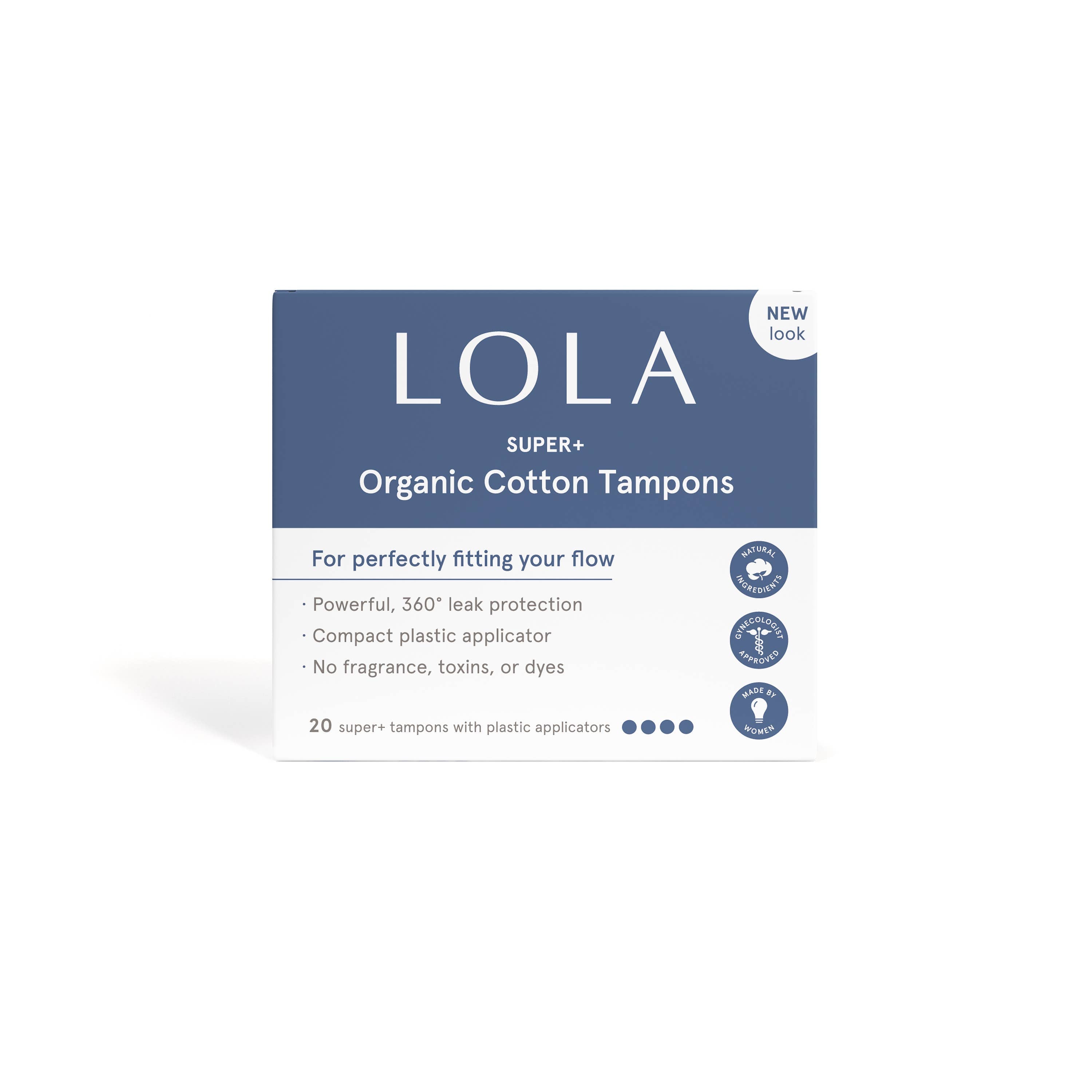 Lola 20ct Super Plus Tampons come in white and blue packaging with a BPA-free compact applicator. These hypoallergenic, organic cotton tampons offer leak protection and contain no fragrance, toxins, or dyes.