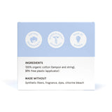 The Lola 20ct Light Tampons box features a blue and white design, highlights natural ingredients, is gynecologist approved, and made by women. Made with 100% organic cotton and a BPA-free applicator; free from dyes, fragrance, and chlorine bleach.