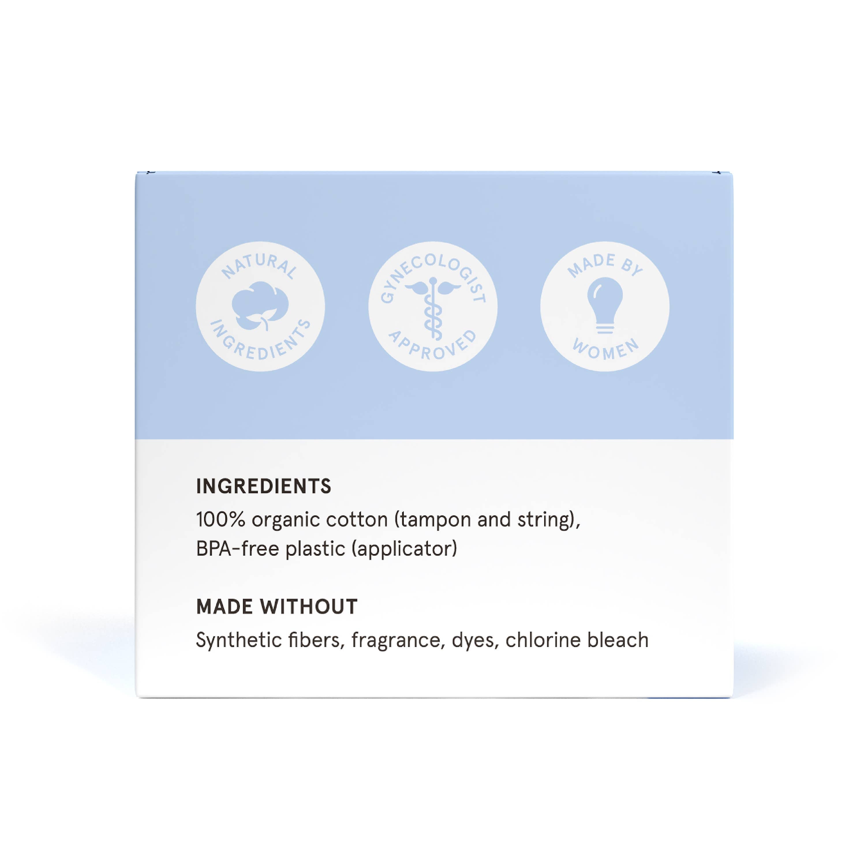 The Lola 20ct Light Tampons box features a blue and white design, highlights natural ingredients, is gynecologist approved, and made by women. Made with 100% organic cotton and a BPA-free applicator; free from dyes, fragrance, and chlorine bleach.