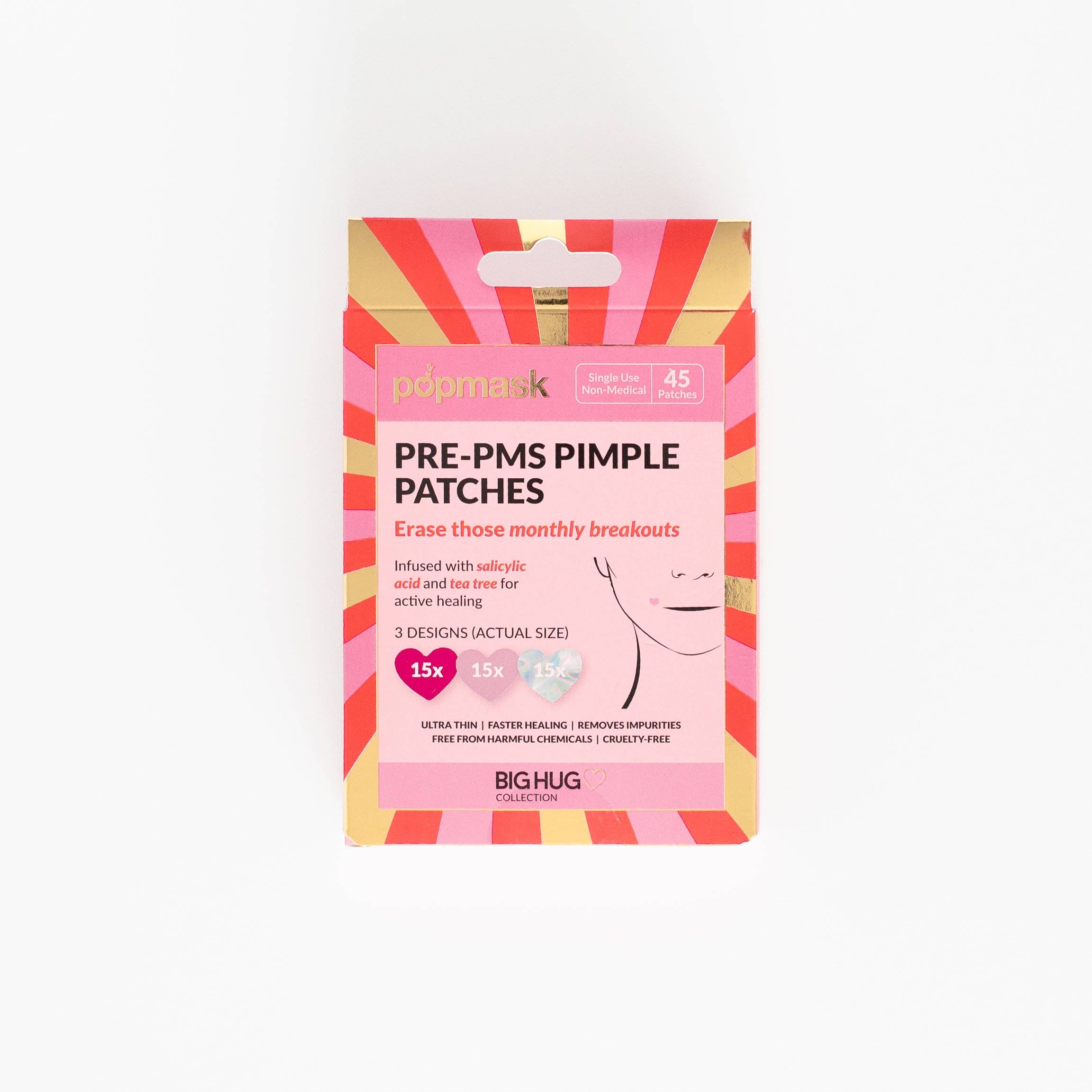 A box of Big Hug Breakout Pimple Patches with a bright pink and orange sunburst design contains 45 hydrocolloid patches in three sizes, designed for monthly breakouts.