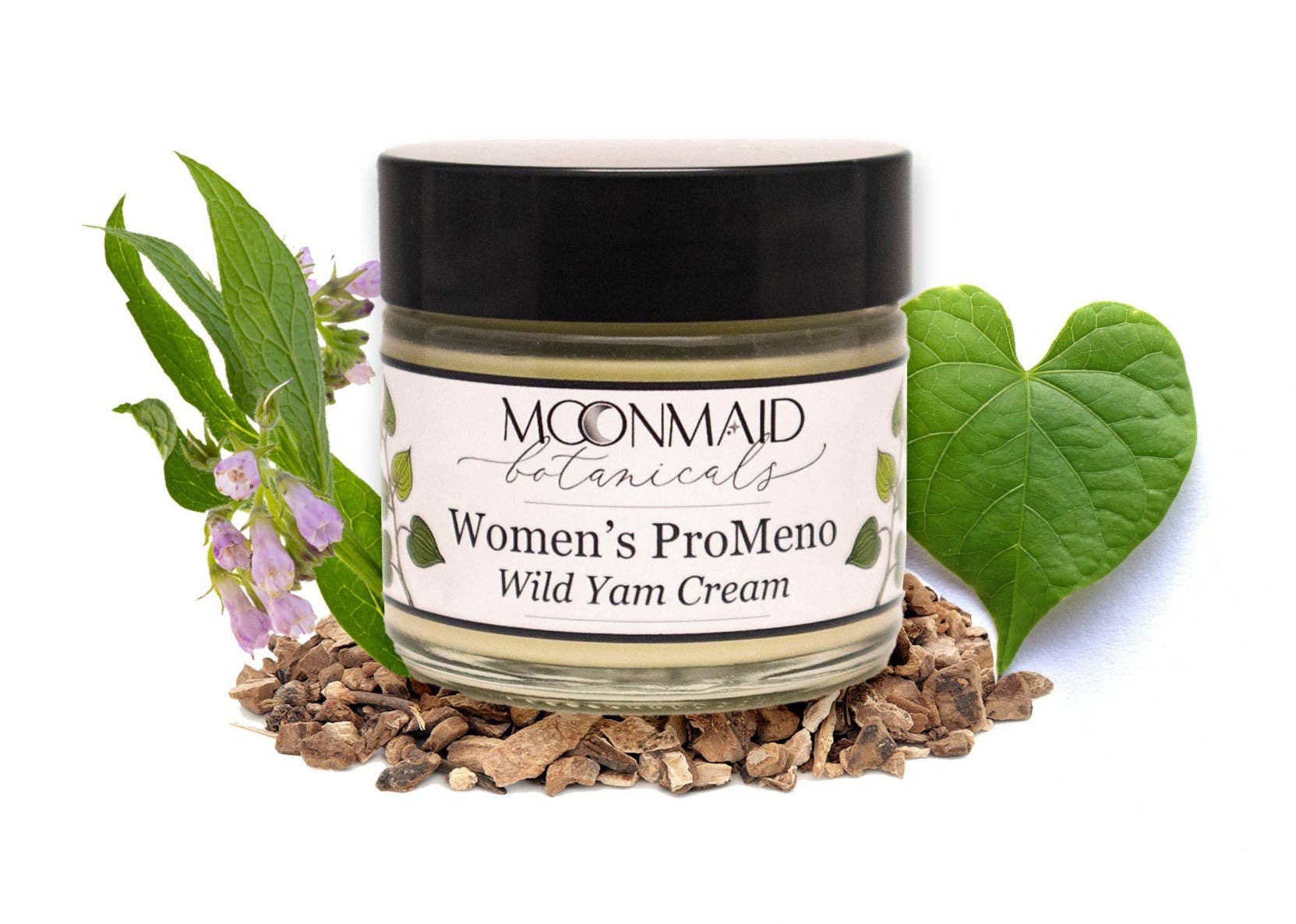 A jar of ProMeno Women's Wild Yam Cream is surrounded by wild yam roots, green leaves, and purple flowers, highlighting its natural ingredients.