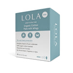 A teal and white box of Lola 20ct Ultra Thin Pads w/ Wings, Heavy offers 20 ultra thin pads with superior leak protection, a 100% organic cotton topsheet, and no chlorine bleach, fragrance, or dyes.