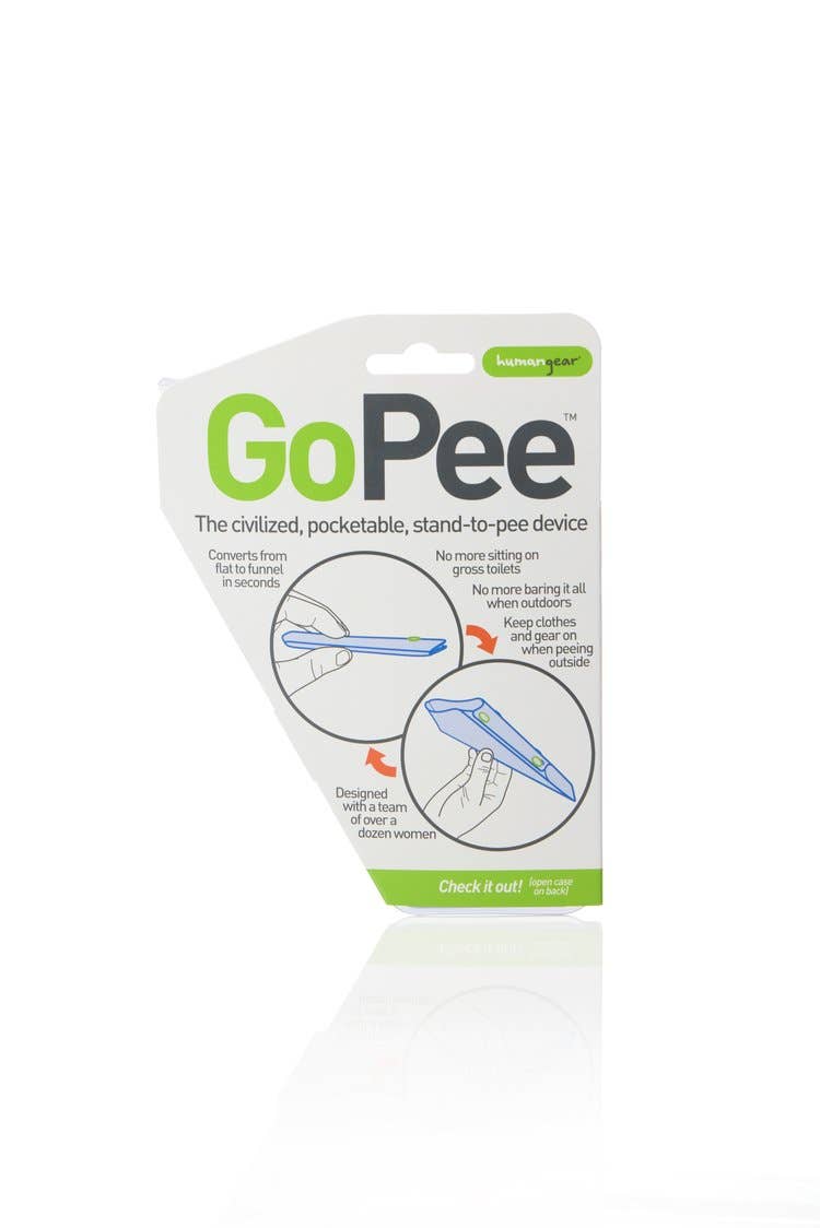 The GoPee - Stand to Pee Device comes in white packaging with green and black text and clear diagrams, showing how women can use this pocketable pee funnel to urinate standing up. Instructions are included for easy use.