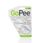The GoPee - Stand to Pee Device comes in white packaging with green and black text and clear diagrams, showing how women can use this pocketable pee funnel to urinate standing up. Instructions are included for easy use.