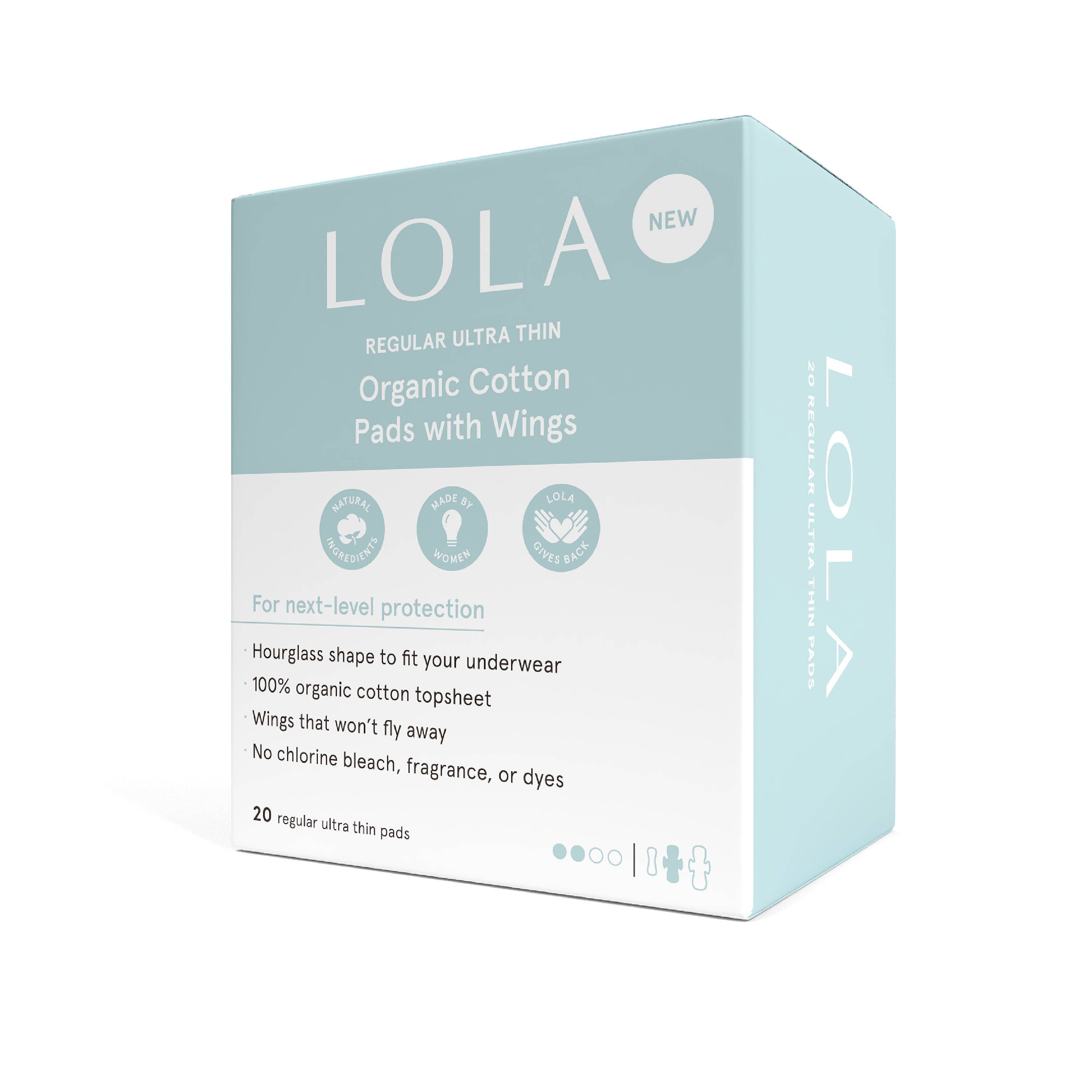 A light blue and white box of Lola 20ct Ultra Thin Pads w/ Wings, Regular, showing details and icons for organic cotton pads, superior leak protection, comfort, and free from chlorine, bleach, fragrance, or dyes.