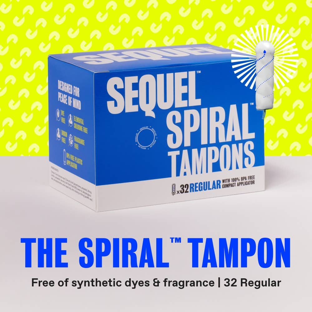 Blue and white box labeled Sequel™ The Spiral™ Tampons, with a cartoon tampon showing helical grooves. Text: The Spiral Tampon. Free of synthetic dyes & fragrance | 32 Regular. Yellow patterned background.