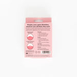 Back of Big Hug Breakout Pimple Patches pink package shows usage directions, purpose for pimples and acne, extra info, diagrams for hydrocolloid patch placement, plus contact details and barcode at the bottom.
