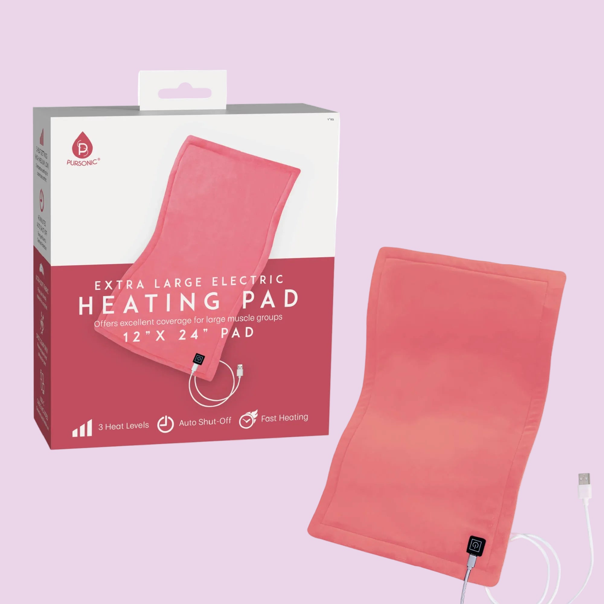 The Pursonic Large Electric Heating Pad with USB-C, shown in pink XL next to its box, features adjustable heat settings, auto shut-off, fast heating, a control button, and convenient USB-C power.
