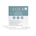 Lola 20ct Ultra Thin Pads w/ Wings, Heavy come in a teal and white box featuring an hourglass shape, advanced leak protection, and a 100% organic cotton topsheet—no chlorine bleach, fragrance, or dyes.