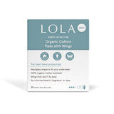 Lola 20ct Ultra Thin Pads w/ Wings, Heavy come in a teal and white box featuring an hourglass shape, advanced leak protection, and a 100% organic cotton topsheet—no chlorine bleach, fragrance, or dyes.