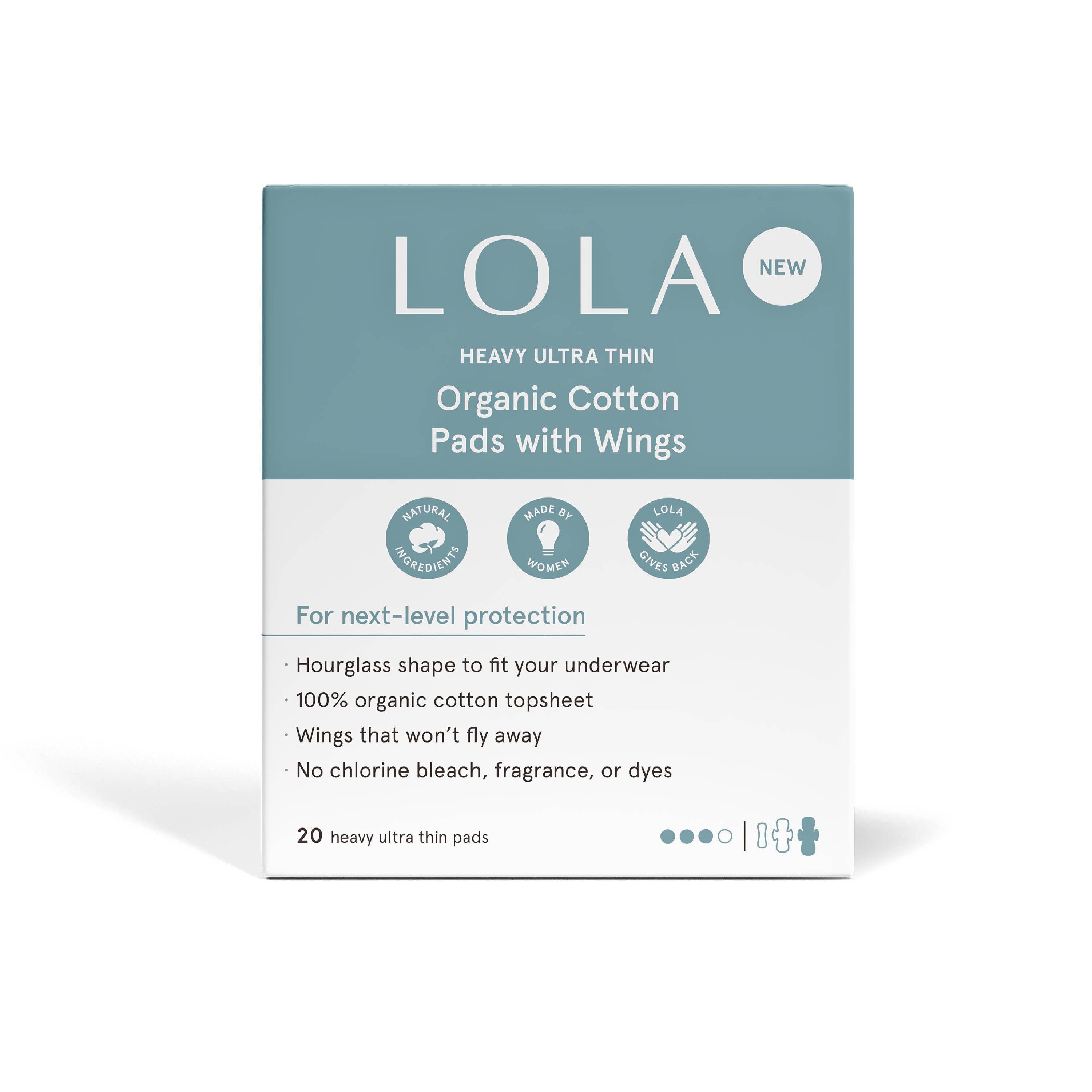 Lola 20ct Ultra Thin Pads w/ Wings, Heavy come in a teal and white box featuring an hourglass shape, advanced leak protection, and a 100% organic cotton topsheet—no chlorine bleach, fragrance, or dyes.