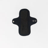 Hello Liners 2 Pack- Fresher Than A Daisy: Reusable black cloth panty liners with wings and metal snaps, ultra thin and machine washable for easy care, displayed flat on a white background.
