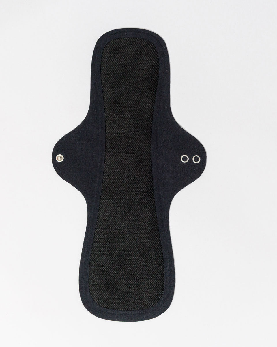 Hello Pads 2 Pack - Overnight Success: reusable black cloth menstrual pads for heavy flow, featuring two metal snaps on the wings, shown laid flat on a white background.