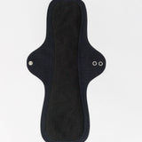Hello Pads 2 Pack - Overnight Success: reusable black cloth menstrual pads for heavy flow, featuring two metal snaps on the wings, shown laid flat on a white background.