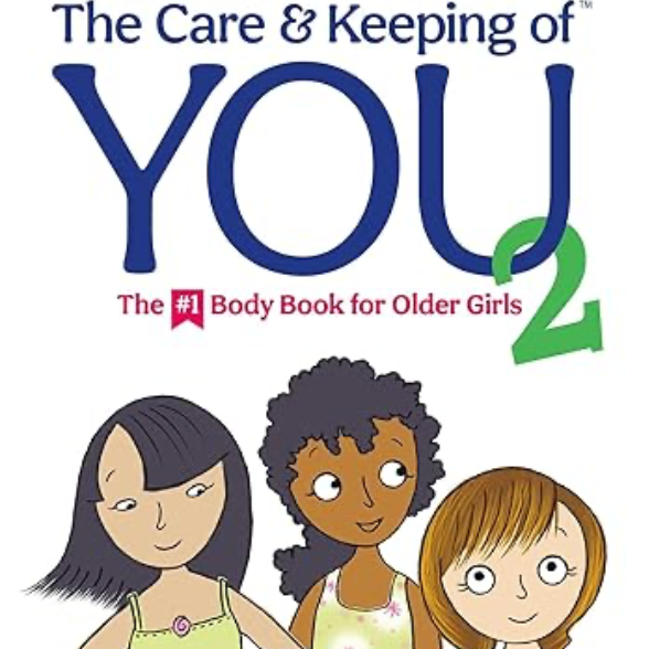 Book cover of "The Care & Keeping of You 2," a puberty guide showing three illustrated girls standing together, one with her arm around another; American Girl branding appears at the top.