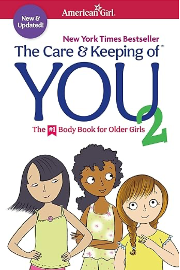Book cover of "The Care & Keeping of You 2," a puberty guide showing three illustrated girls standing together, one with her arm around another; American Girl branding appears at the top.