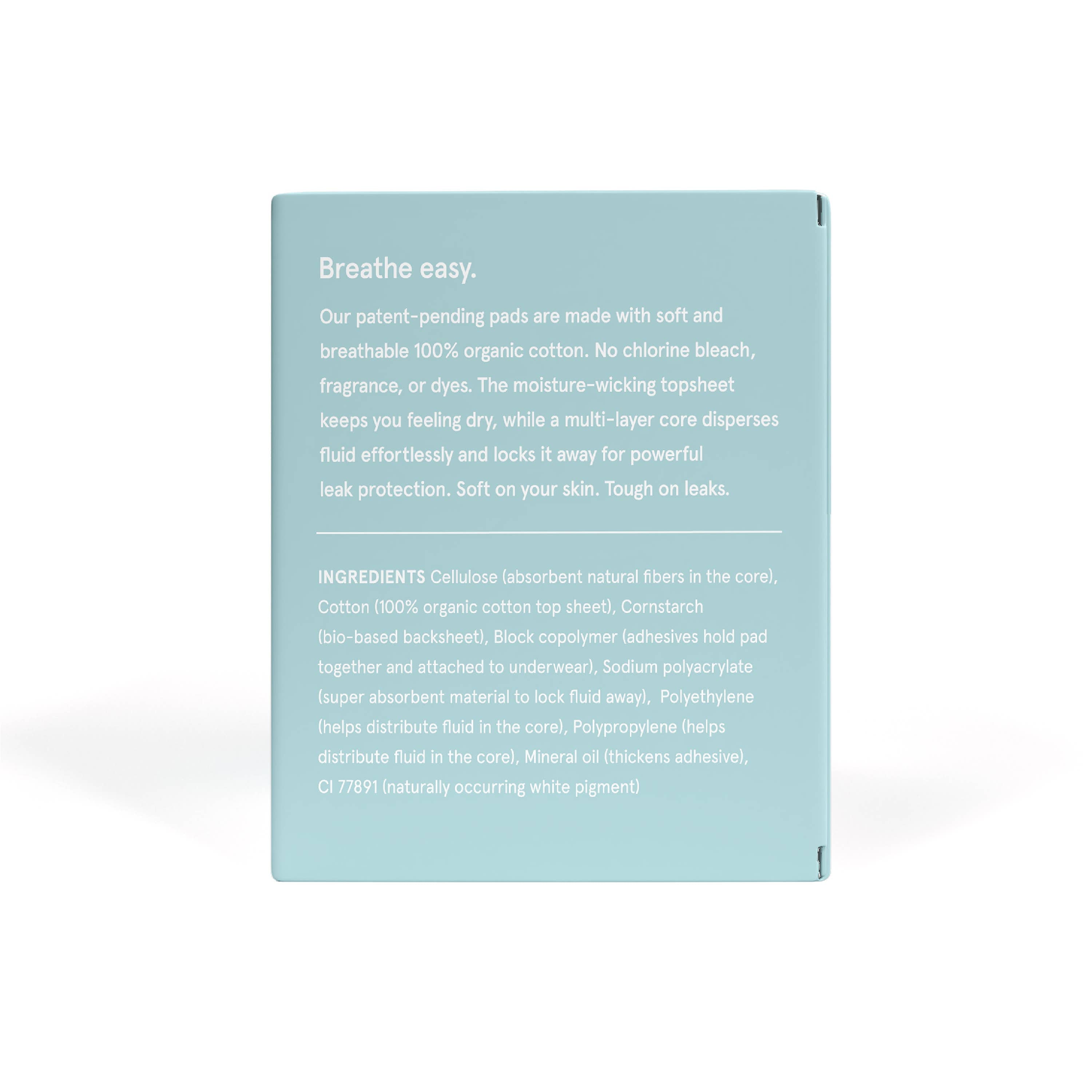 A light blue box labeled "Lola 20ct Ultra Thin Pads w/ Wings, Regular" features white text highlighting ultra thin organic cotton pads with no chlorine, fragrance, or dyes; moisture-wicking; leak protection; multi-layer core; and ingredients list.