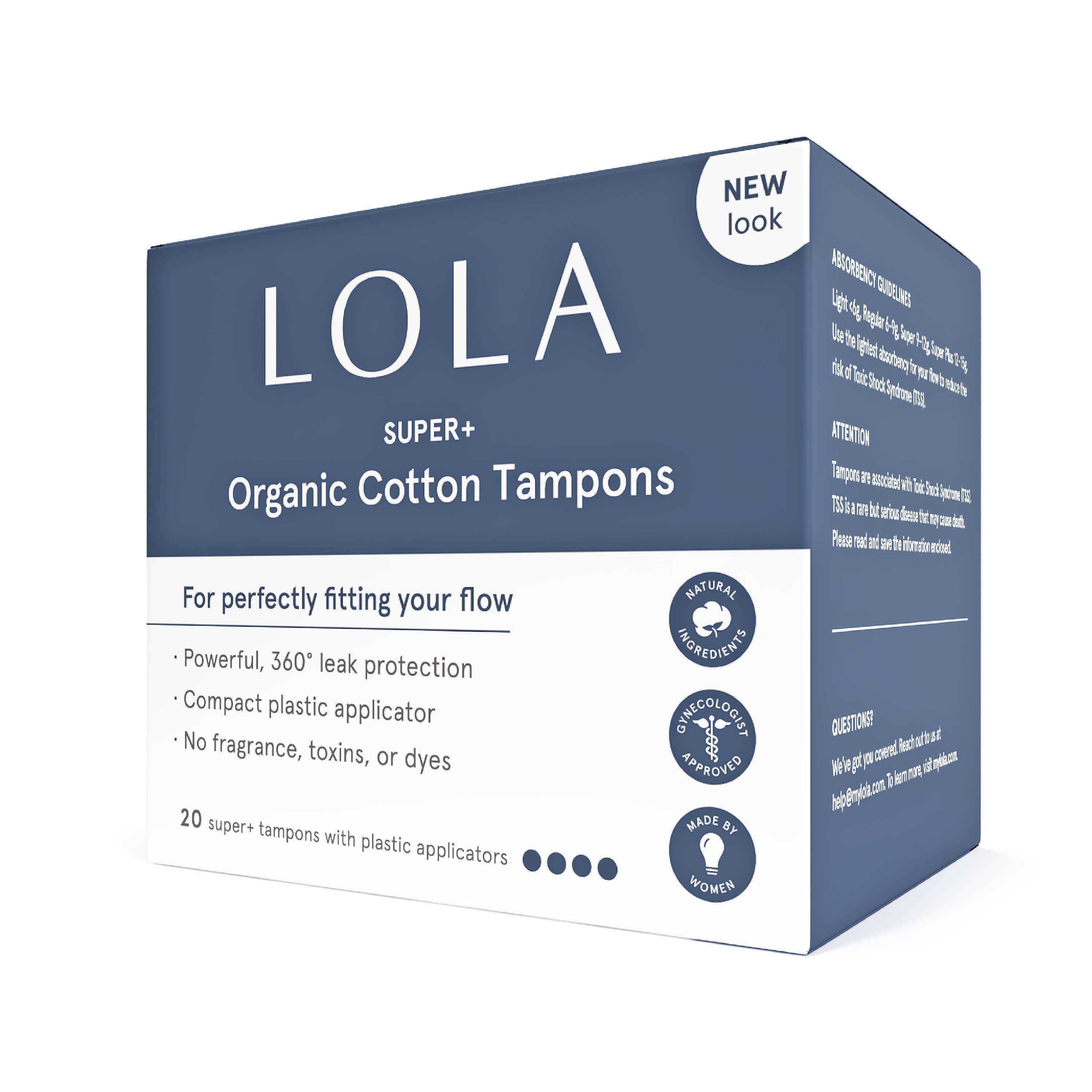 A blue box labeled NEW, Lola 20ct Super Plus Tampons features leak protection, a BPA-free applicator, no fragrance, and contains 20 hypoallergenic organic cotton tampons.