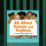 Book cover of 'All About Vulvas and Vaginas' with children holding a sign on a striped green background