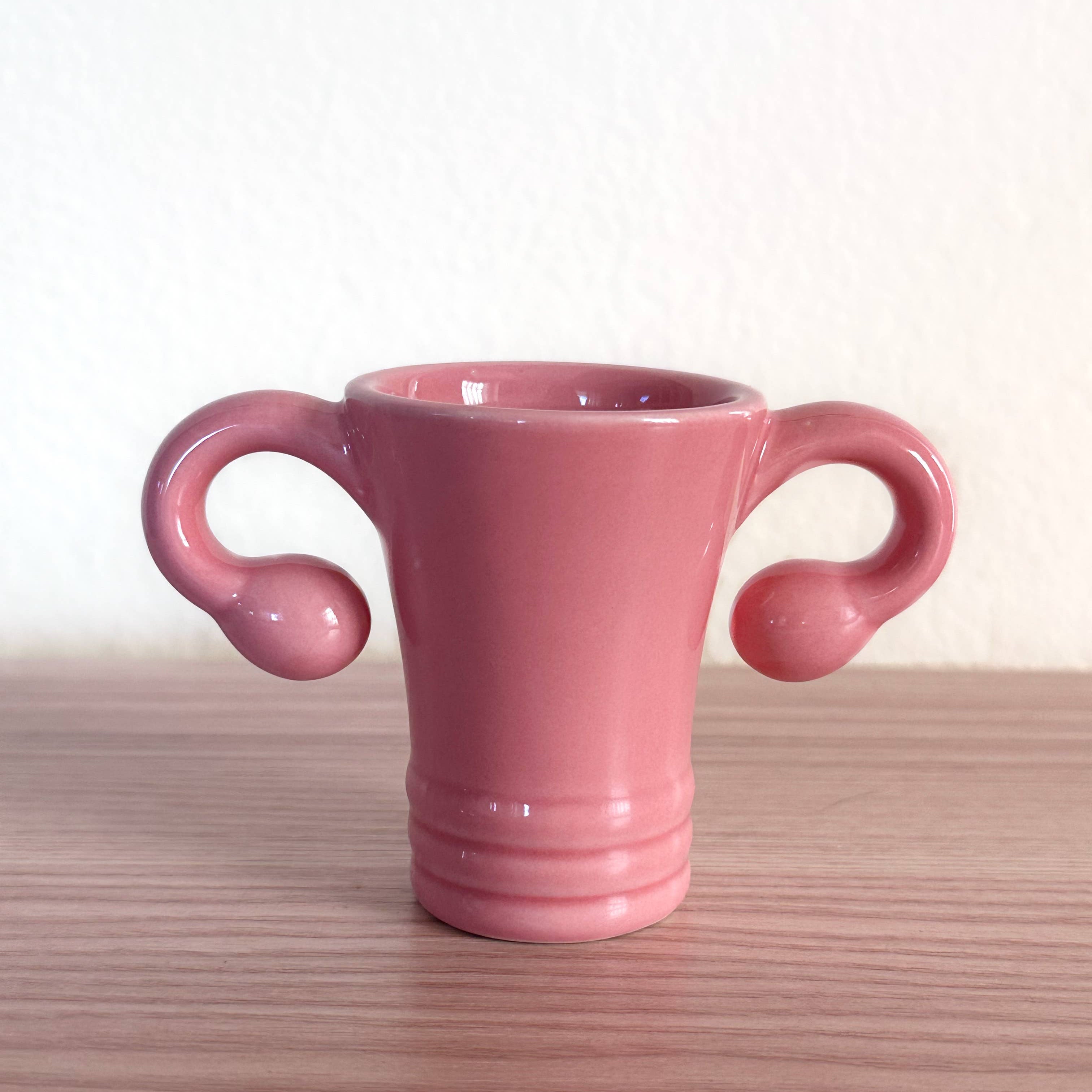 The Shooterus - Uterus Shot Glass is a pink ceramic cup shaped like a uterus, complete with fallopian tube handles—a playful novelty perfect for celebrating milestones like menopause or hysterectomy with humor.