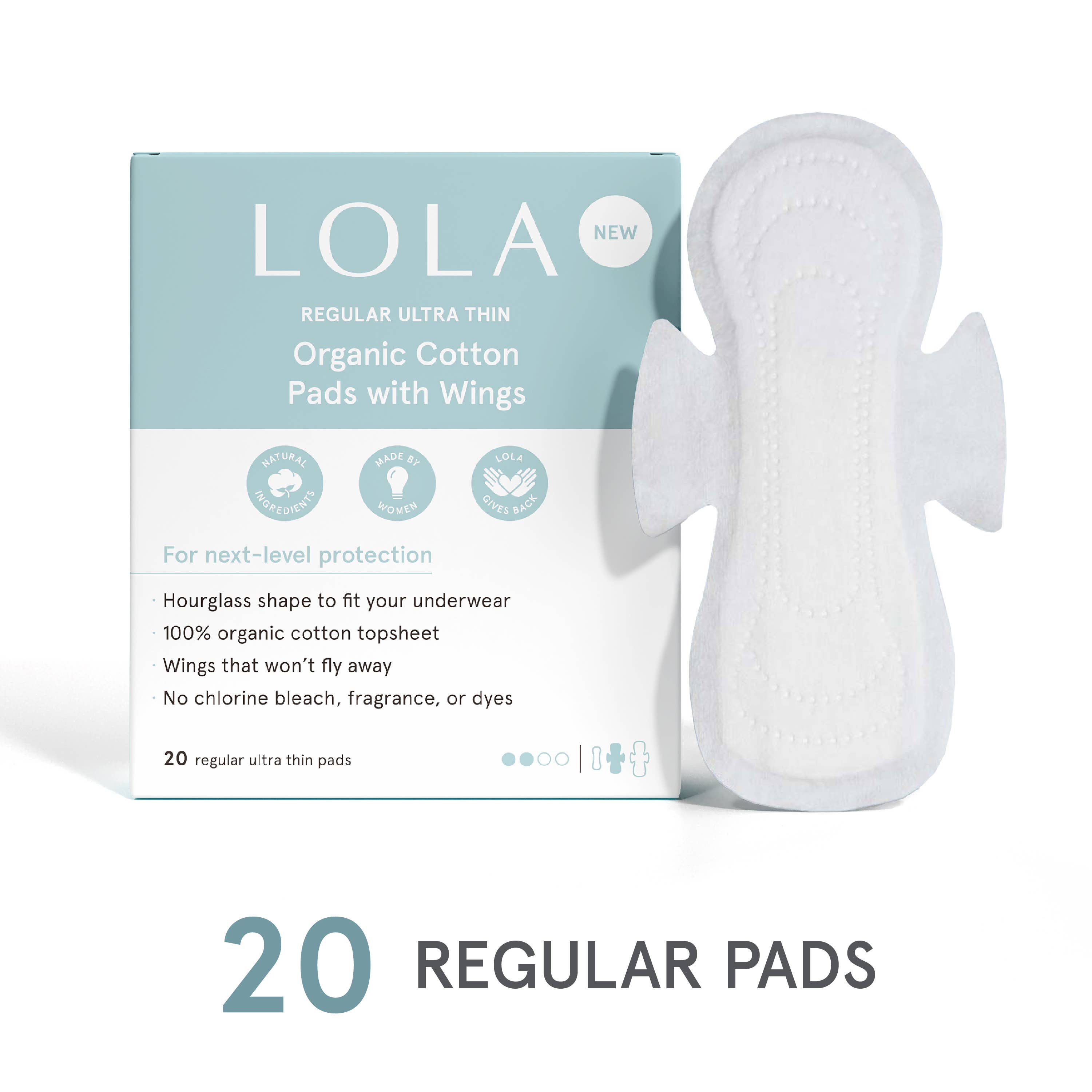 A box of Lola 20ct Ultra Thin Pads w/ Wings, Regular is displayed next to one pad. The packaging highlights leak protection and a 100% organic cotton topsheet and contains 20 regular ultra thin pads with wings.