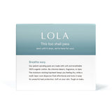 A blue and white box labeled Lola 20ct Ultra Thin Pads w/ Wings, Heavy showcases ultra thin pads made with soft, breathable organic cotton and reliable leak protection.