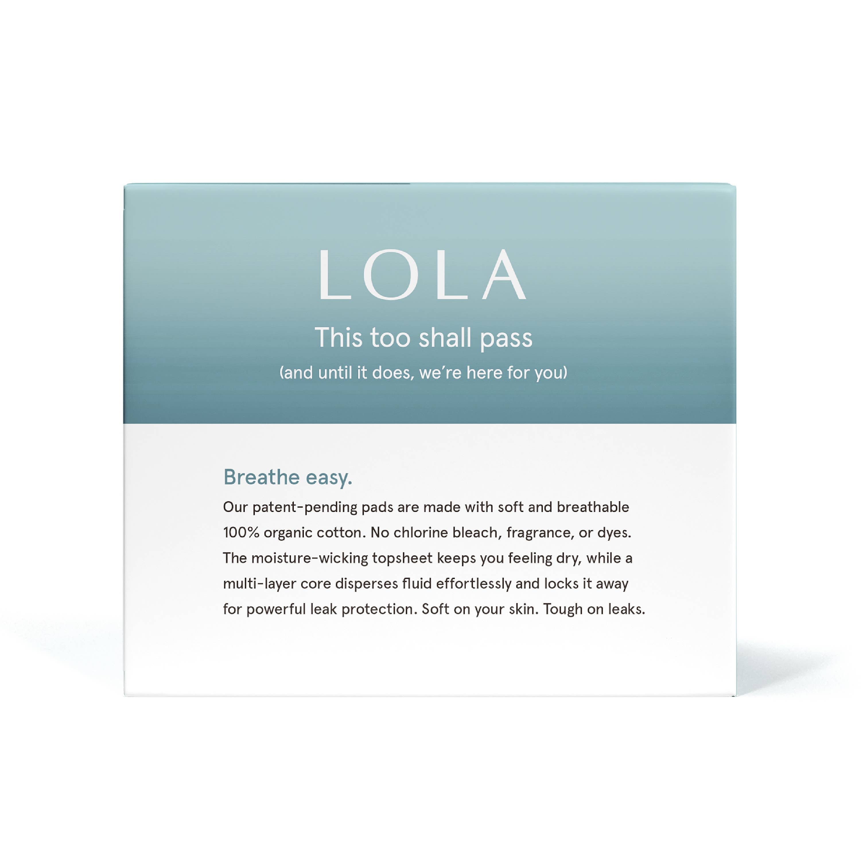 A blue and white box labeled Lola 20ct Ultra Thin Pads w/ Wings, Heavy showcases ultra thin pads made with soft, breathable organic cotton and reliable leak protection.