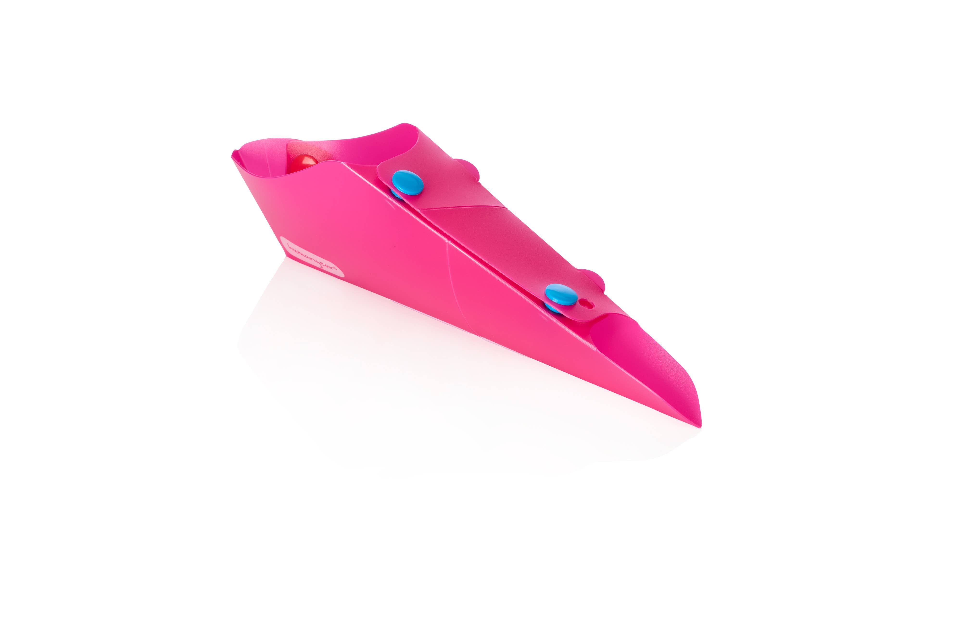 The GoPee - Stand to Pee Device is a bright pink, wedge-shaped plastic aid with blue buttons, photographed on a white background.