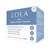 Lola 20ct Super Tampons come in a blue and white box, offering powerful leak protection with a BPA-free plastic applicator. These organic cotton tampons are gentle, hypoallergenic, and free from fragrance, toxins, and dyes.