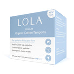 A blue and white box of Lola 20ct Regular Tampons, made with hypoallergenic organic cotton, featuring leak protection and a BPA-free compact plastic applicator; free from fragrances, toxins, and dyes.