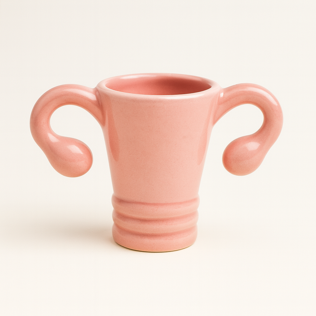 The Shooterus - Uterus Shot Glass is a pink ceramic mug shaped like a uterus with two curved handles and a ridged base, perfect as a playful novelty piece, shown here against a plain white background.